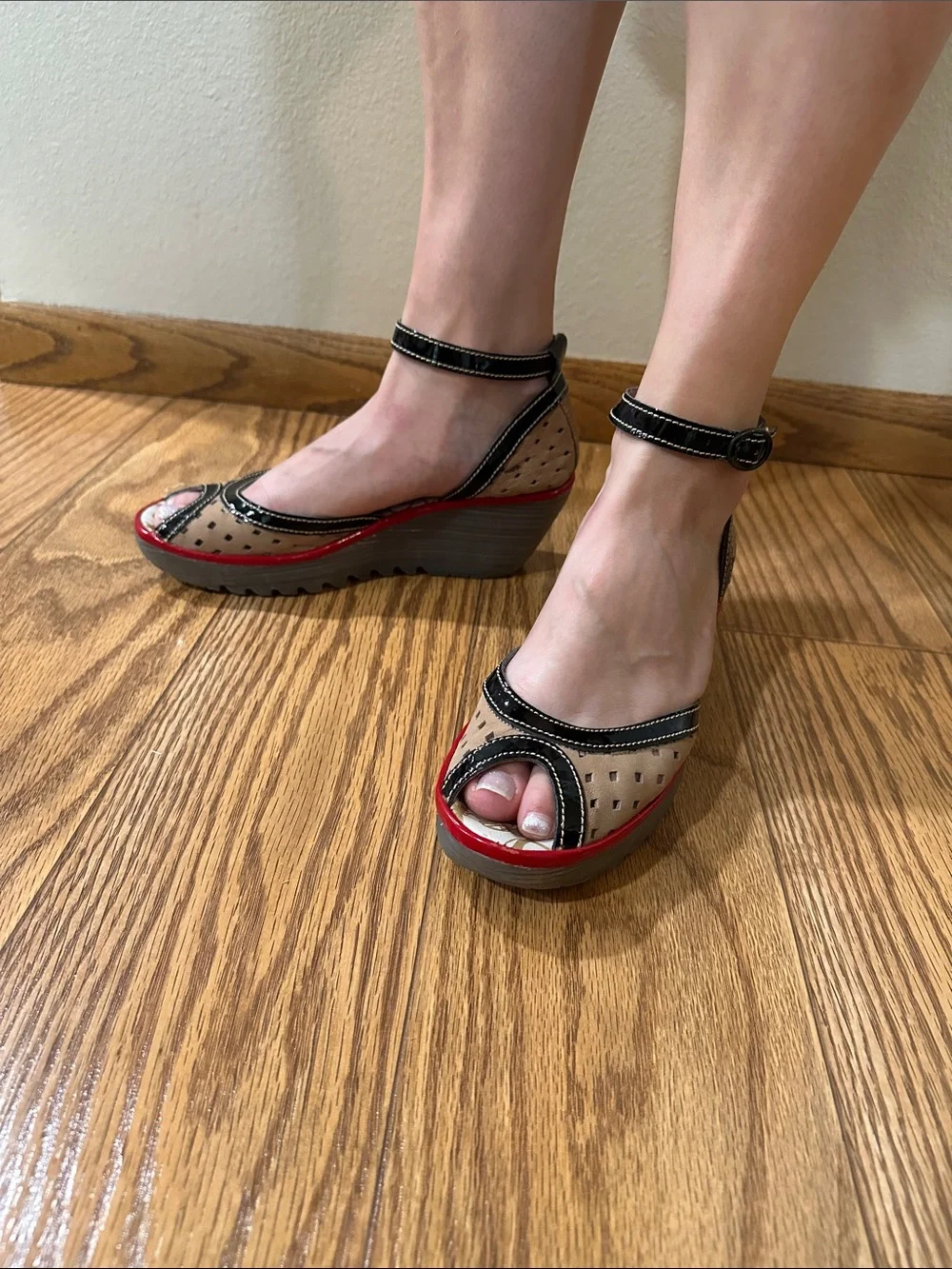 Fly London Beige, Black and Red Peep-Toe Wedge Sandals